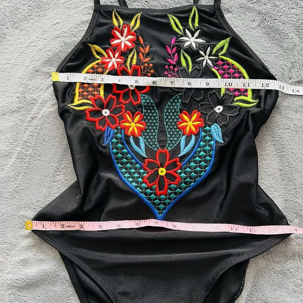 Yang Zi Gang Black Fiesta Mexican Embroidered One Piece Swimsuit Large High - Picture 7 of 9